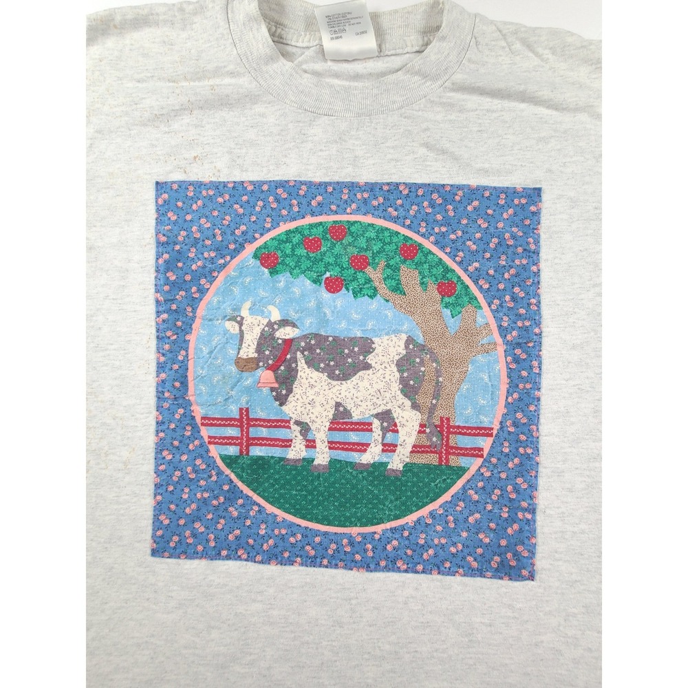 Vintage Tultex Cow Graphic T-Shirt Mens Large Heather Gray Country Farm 90s Tee